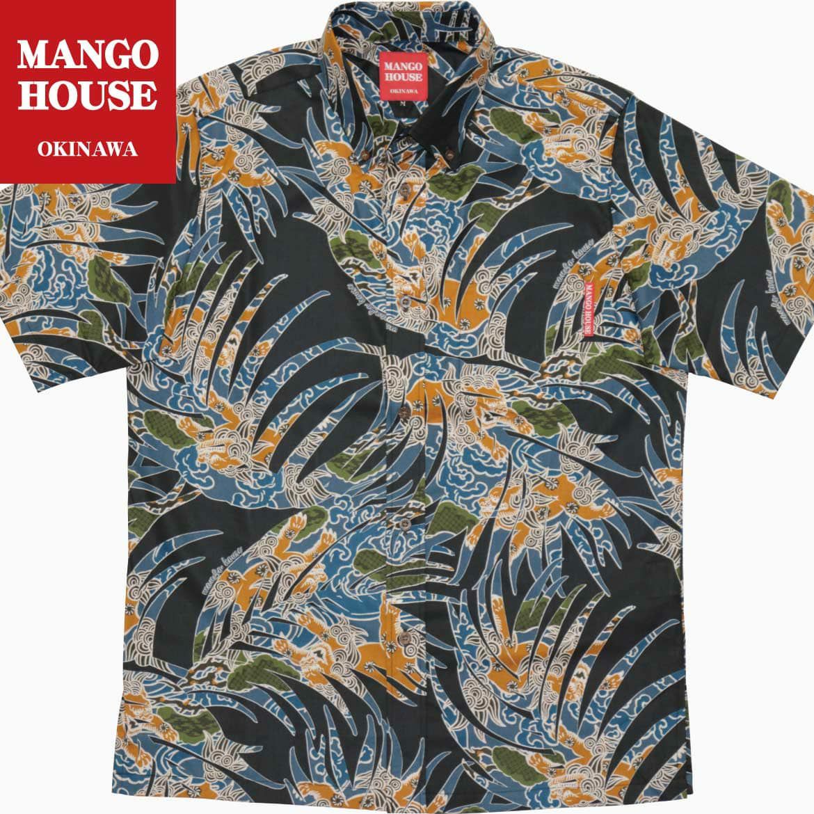 マンゴーハウス　半袖かりゆしシャツ　ボタニカル柄/シーサー柄　生成り　XL￼ シーサーデイゴボーダー - かりゆしウェア 沖縄アロハシャツ専門