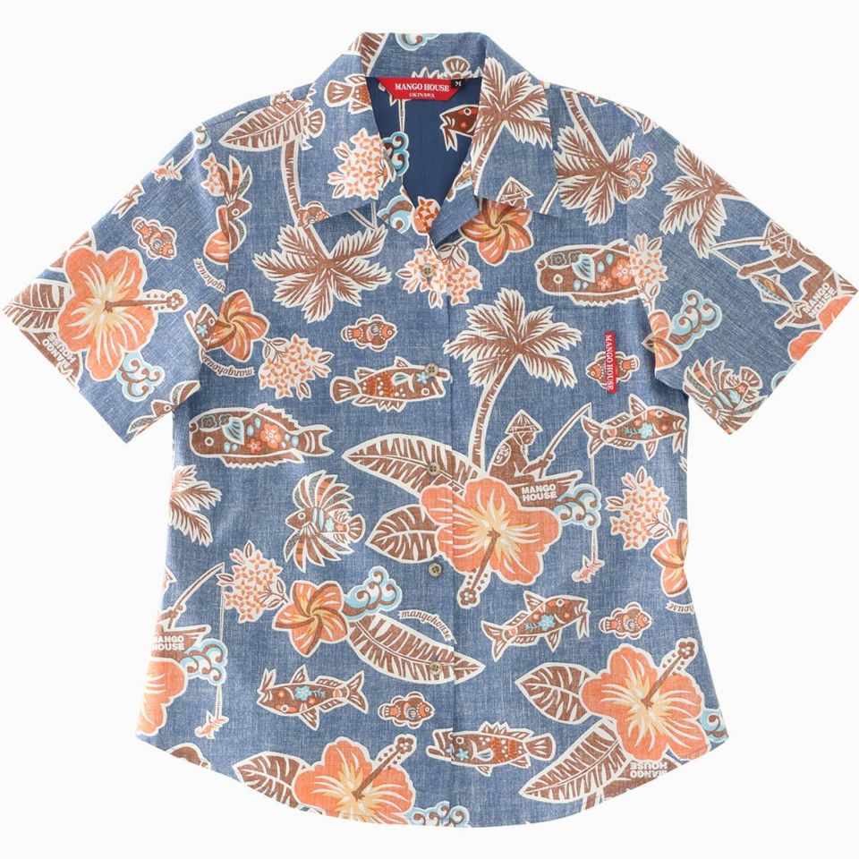 クッシュマン　アロハシャツ　釣り　フィッシング　魚　毛針　柄シャツ　黄色　半袖 クッシュマン アロハシャツ 釣り フィッシング 魚 毛針 柄シャツ