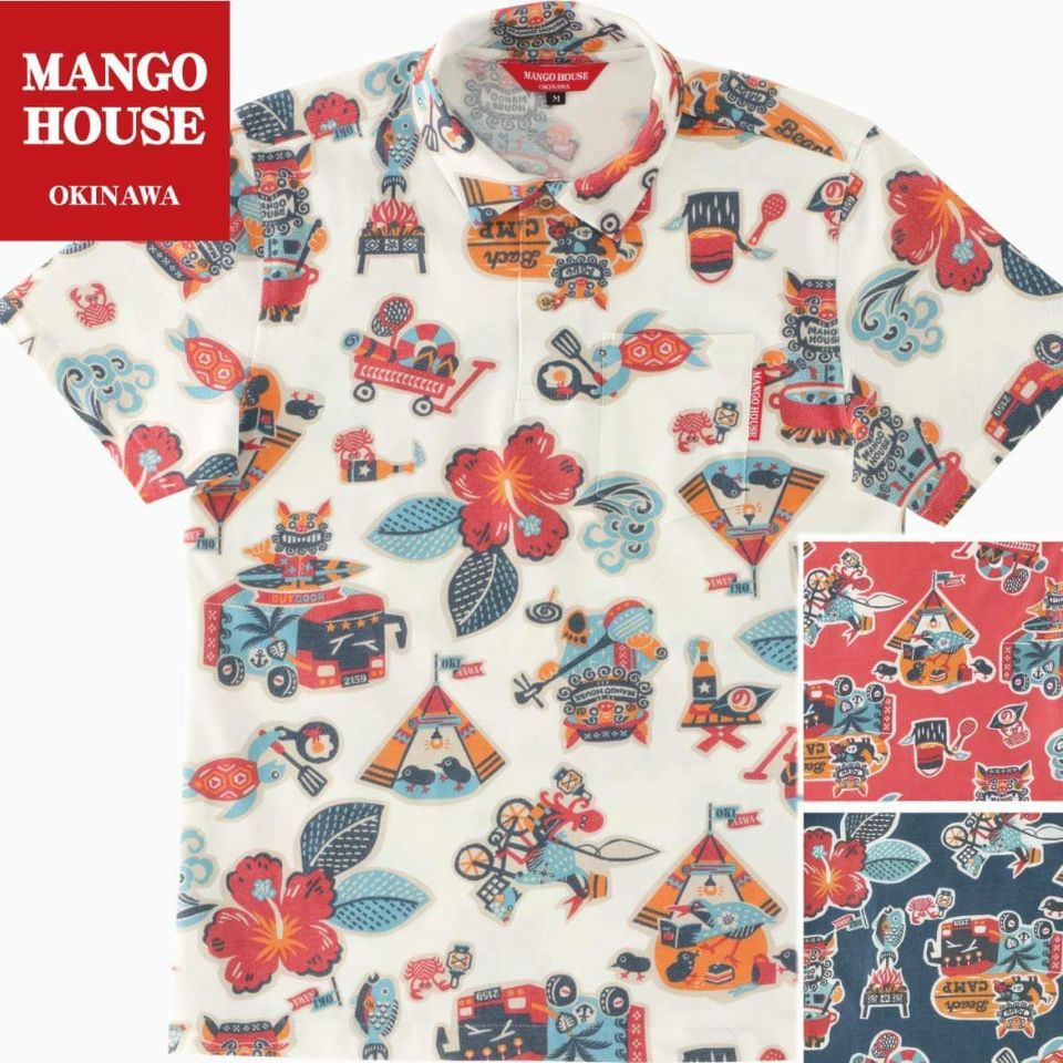 MANGO HOUSE アロハシャツ 沖縄 LL オレンジ シーサー 257174 面シーサーハイビー レディース かりゆしウェア 沖縄